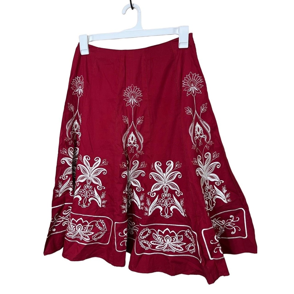 Sunny Leigh Skirt Womens‎ Size 8 Red Flare Embroidered Floral Cotton Boho